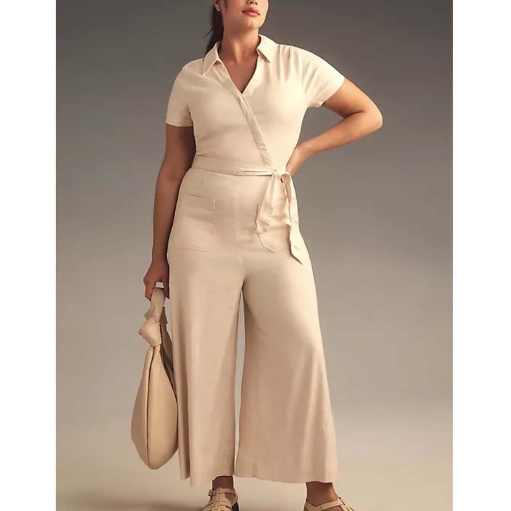 Maeve by Anthropologie Short-Sleeve Wrapped Culotte Ivory Jumpsuit -  20 / 2X